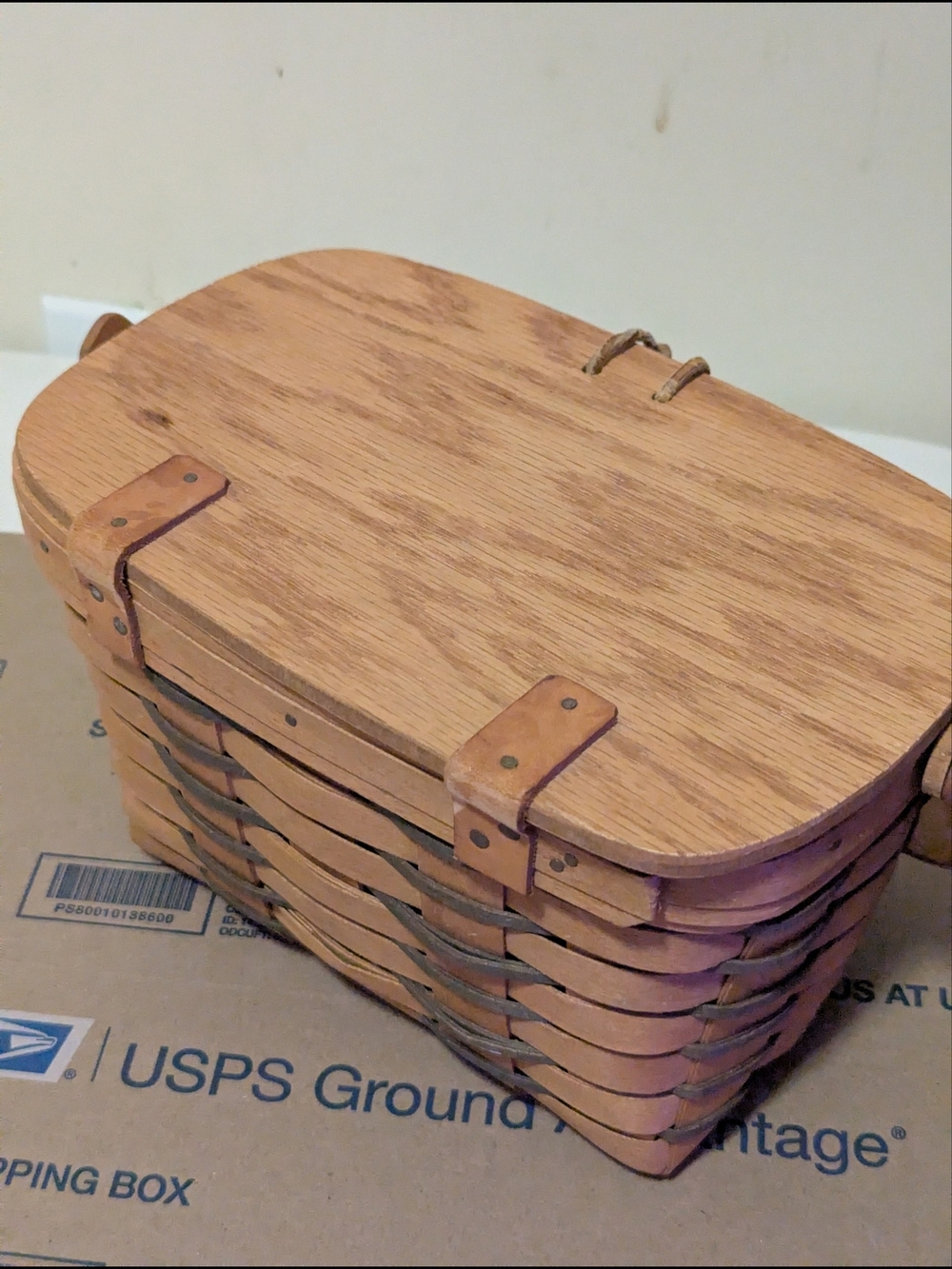 Vintage 1990 Longaberger Woven Wood Basket with Lid & Handle• Signed Dresden OH
